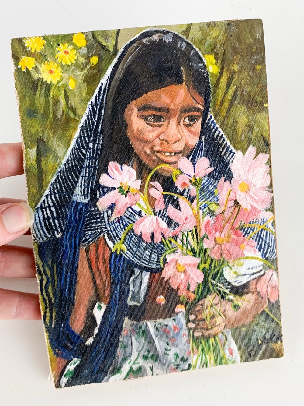 Vintage Girl With Flowers In Field Acrylic Painting Signed On Wooden Board Art